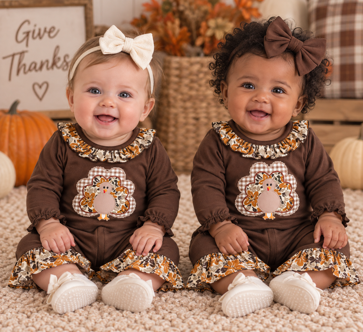 Girls Brown Floral Ruffle Romper | Preorder