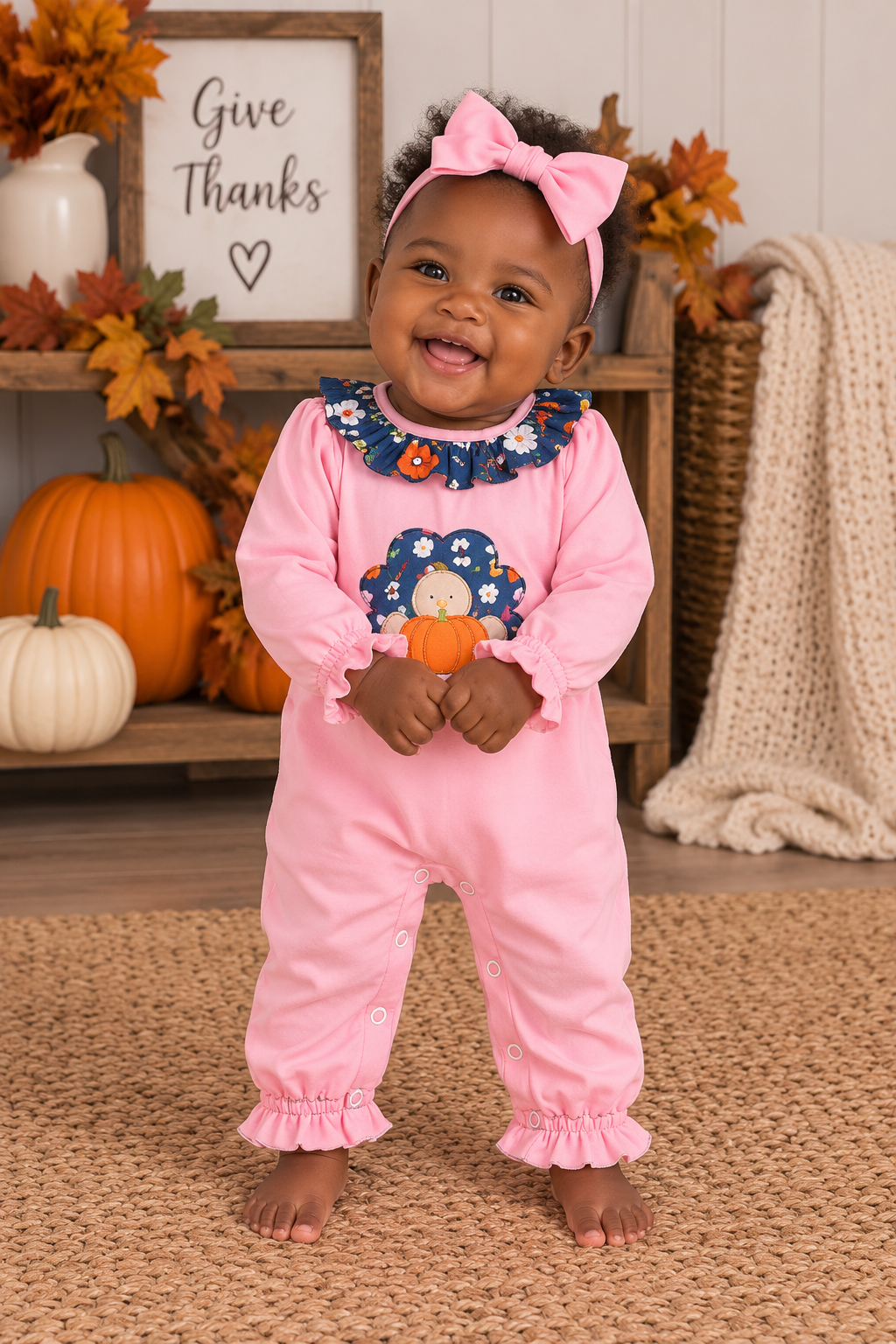 Girls' Pink Pumpkin Turkey Romper | Preorder