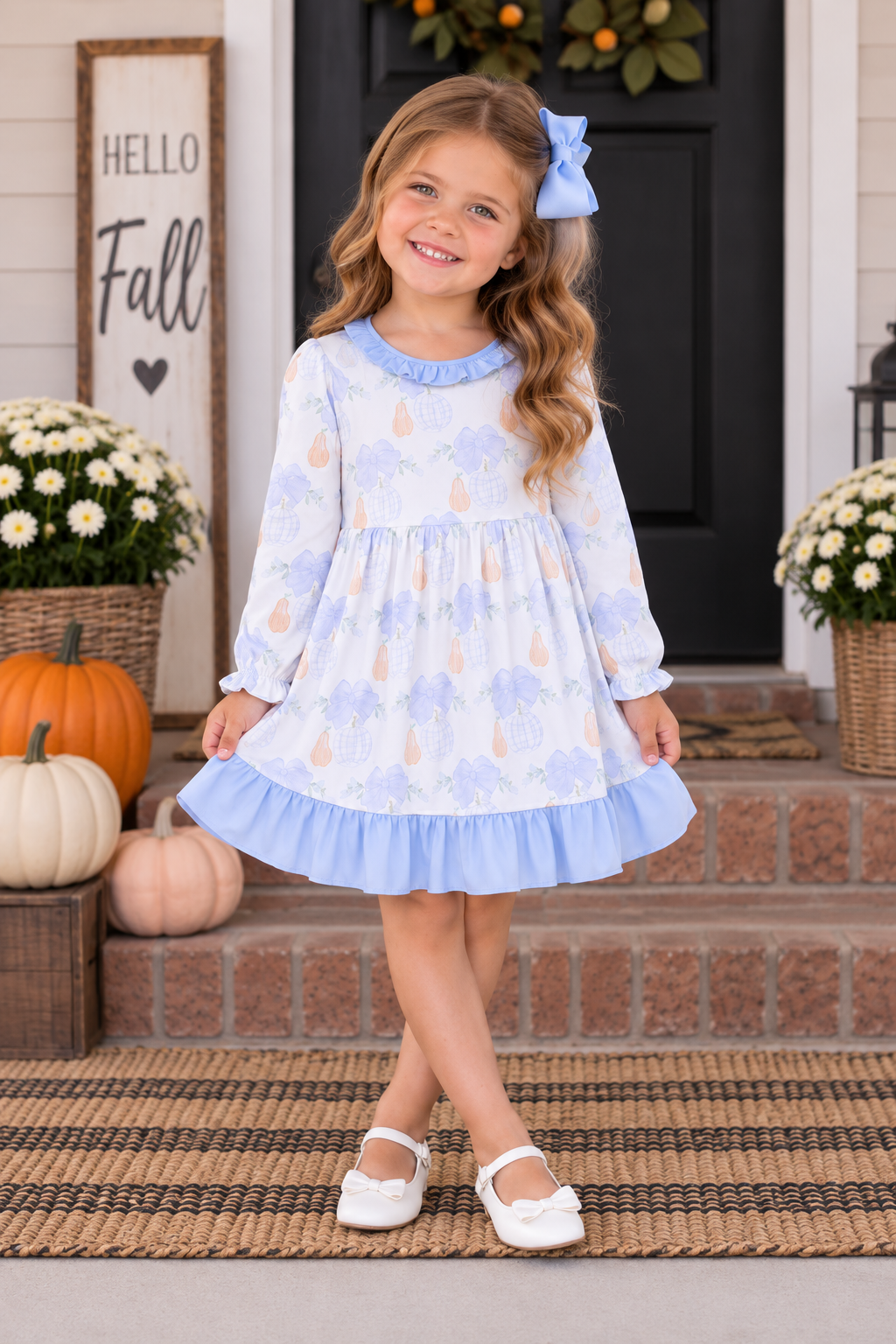 Girls' Blue Bow Ruffle Dress
