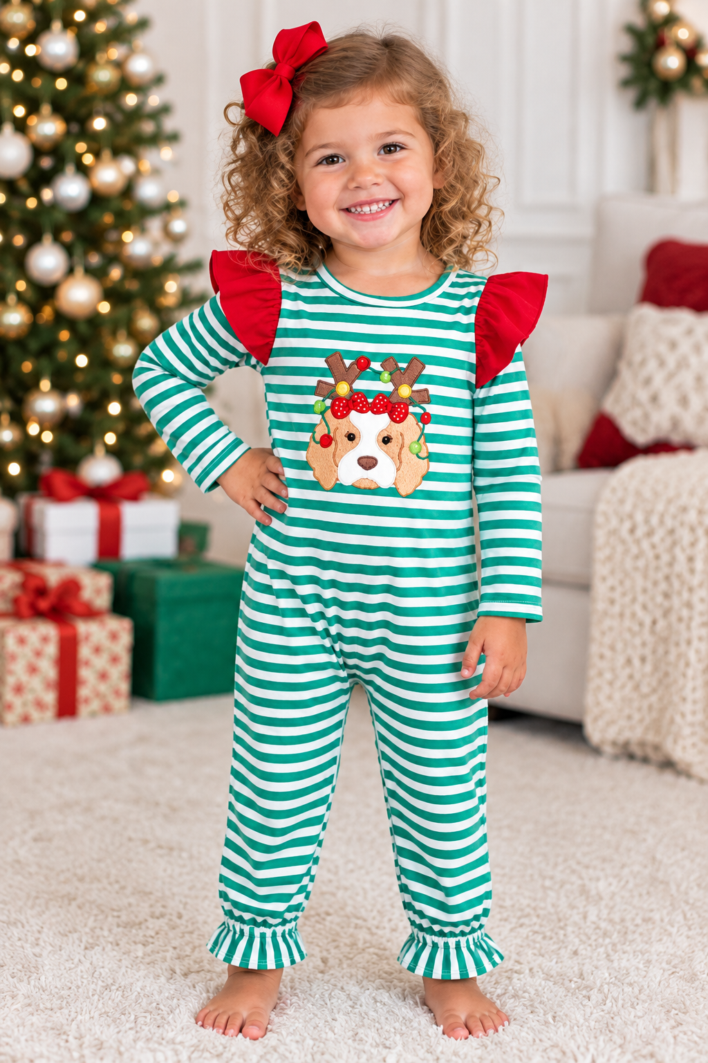 Girls' Christmas Dog Ruffle Romper | Preorder