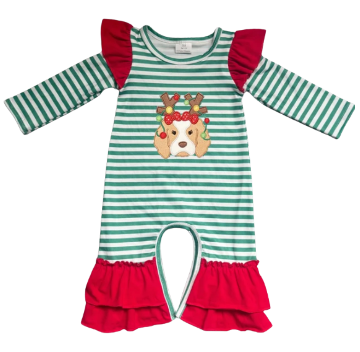 Girls' Christmas Dog Ruffle Romper | Preorder